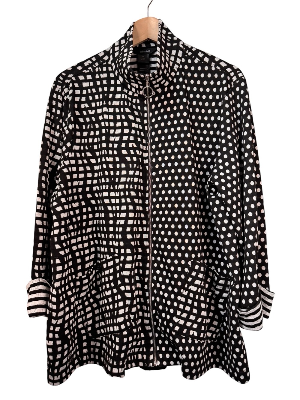 Ali Miles Black & White Abstract Dotted Zip Up Cardigan Size 1X Mock Neck Tunic